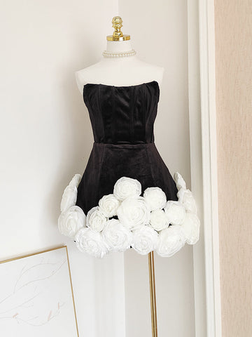 Sheath Strapless Velvet Black Holiday Dress Travel Vacation Dresses Short Birthday Dress SD1254